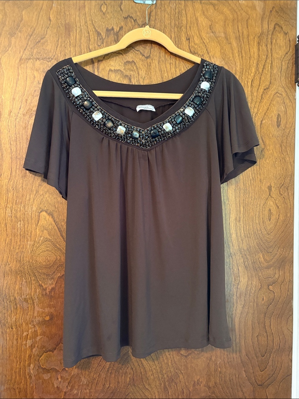 Embellished Brown Scoop Neck Short Sleeve Top